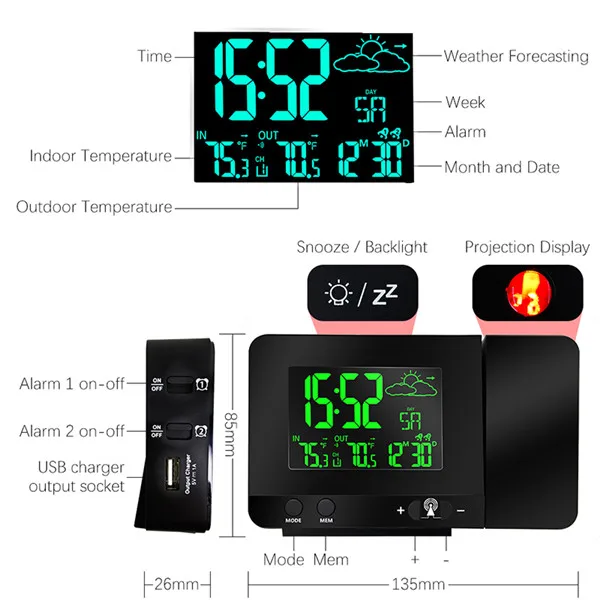 
Digital Weather Station Weather Forecast Projection Clock with Device Charger PT3531B RCC controlled display temperature 