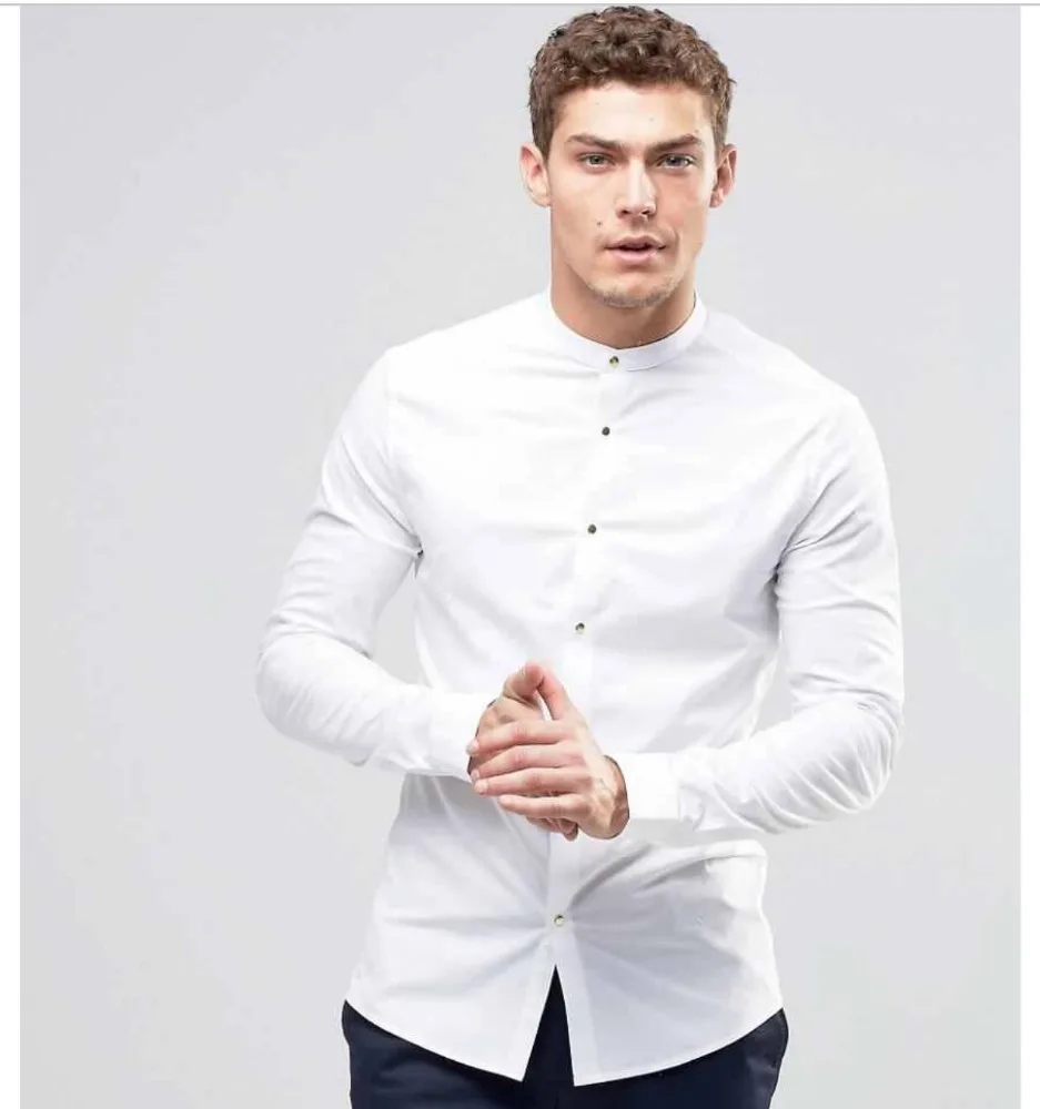 

New arrivel men clothes 100% cotton twill fabric grandan collar white men dress shirt, Solid