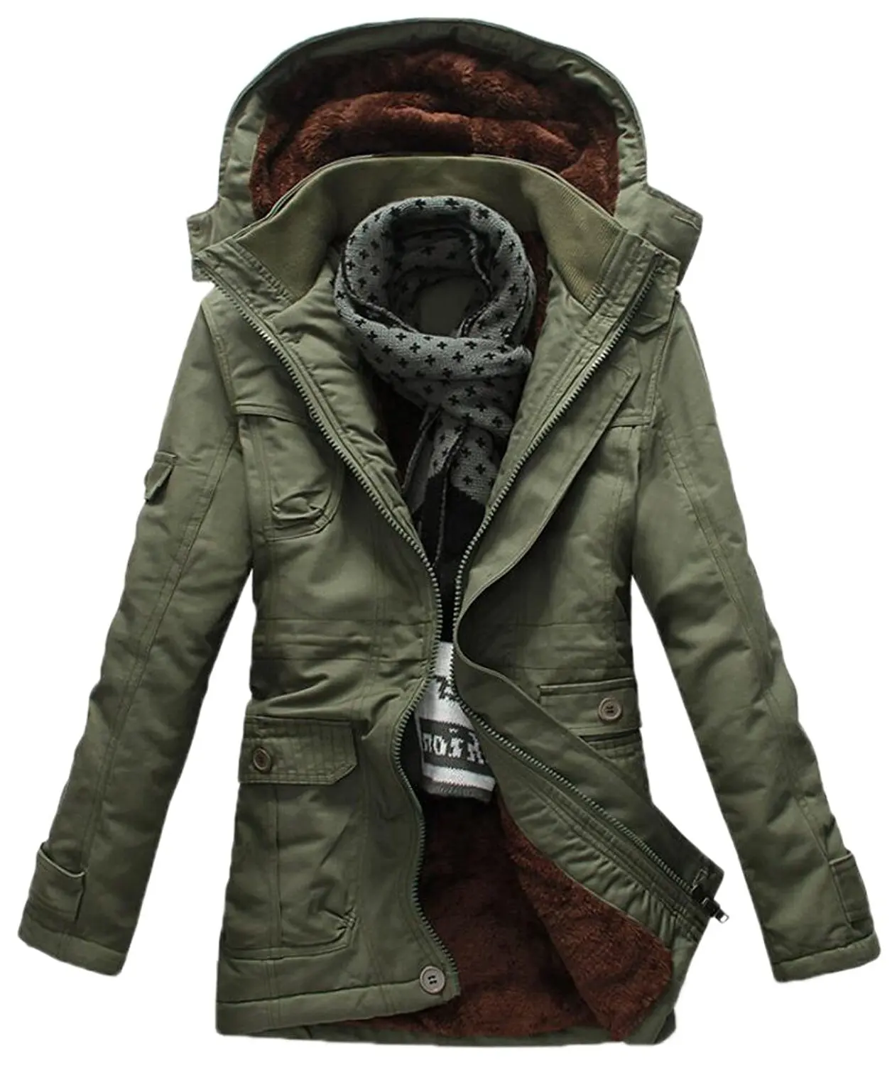 Pivaconis Mens Thicken Outdoor Hooded Linen Fleece Zip-Up Long Down Jacket