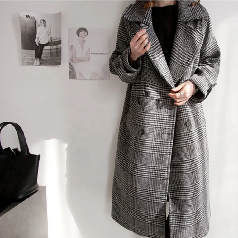 
Add More Cotton Cloth Overcoat Female Woolen Cloth Dust Coat Big Yards Long Grid Winter Coat 