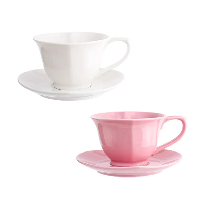 

2019 Heart Shape Coffee Tea Ceramic Cup Saucer Set, White and pink