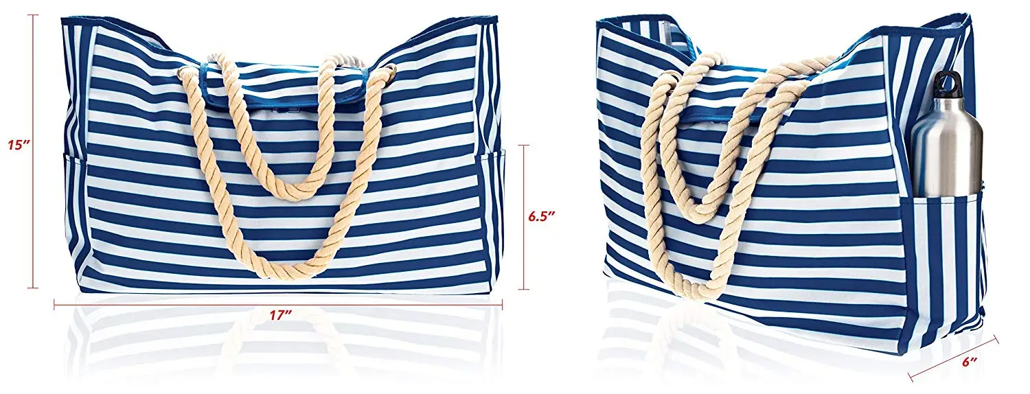 100% Waterproof Beach Bag With Cotton Rope Handles Blue Stripes ...