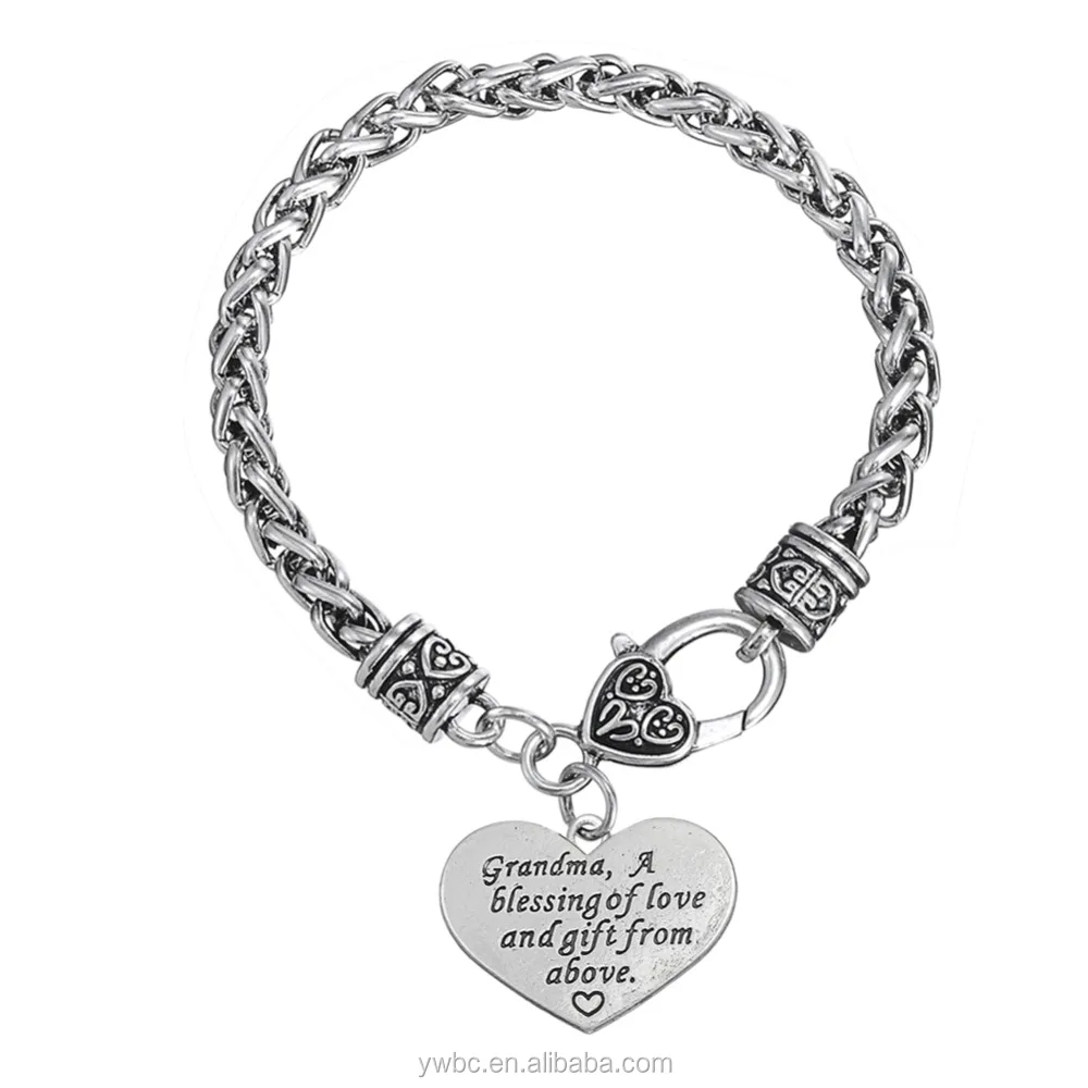 

Grandma a blessing of love and gift from above Heart Pendant Wheat Chain Bracelet With Silver Lobster Clasp