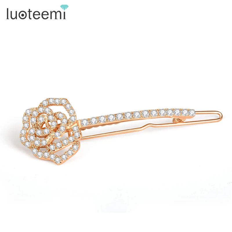 LUOTEEMI Wholesale Beauty New Rose Gold Plated Luxury Cubic Zircon Bridal Wedding Rose Flower Hair Accessories Hairpin