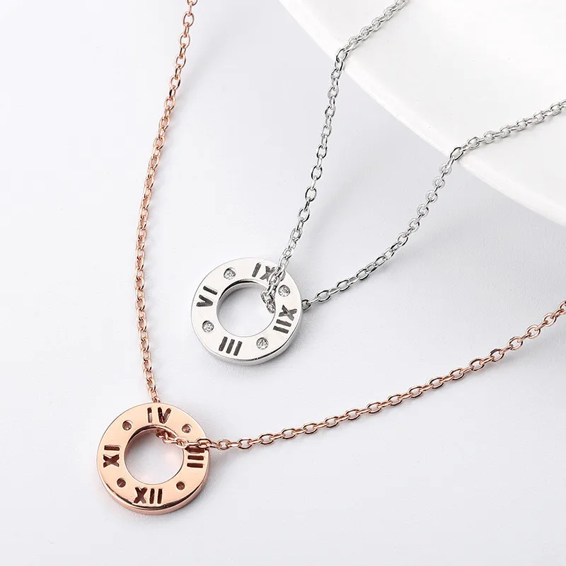 

925 sterling silver rose gold fashion pendant Rome number sculpture small chain necklace, Silver color