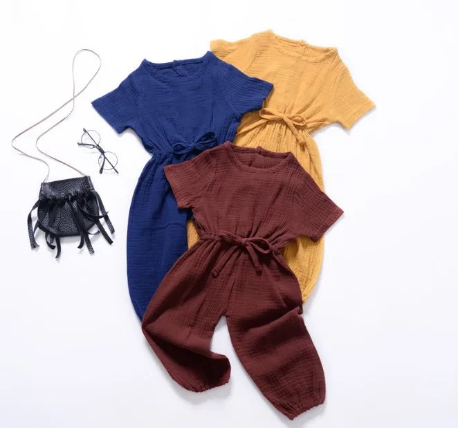 Summer Little Girls Jumpsuit Soft Linen Kids Summer Clothes
