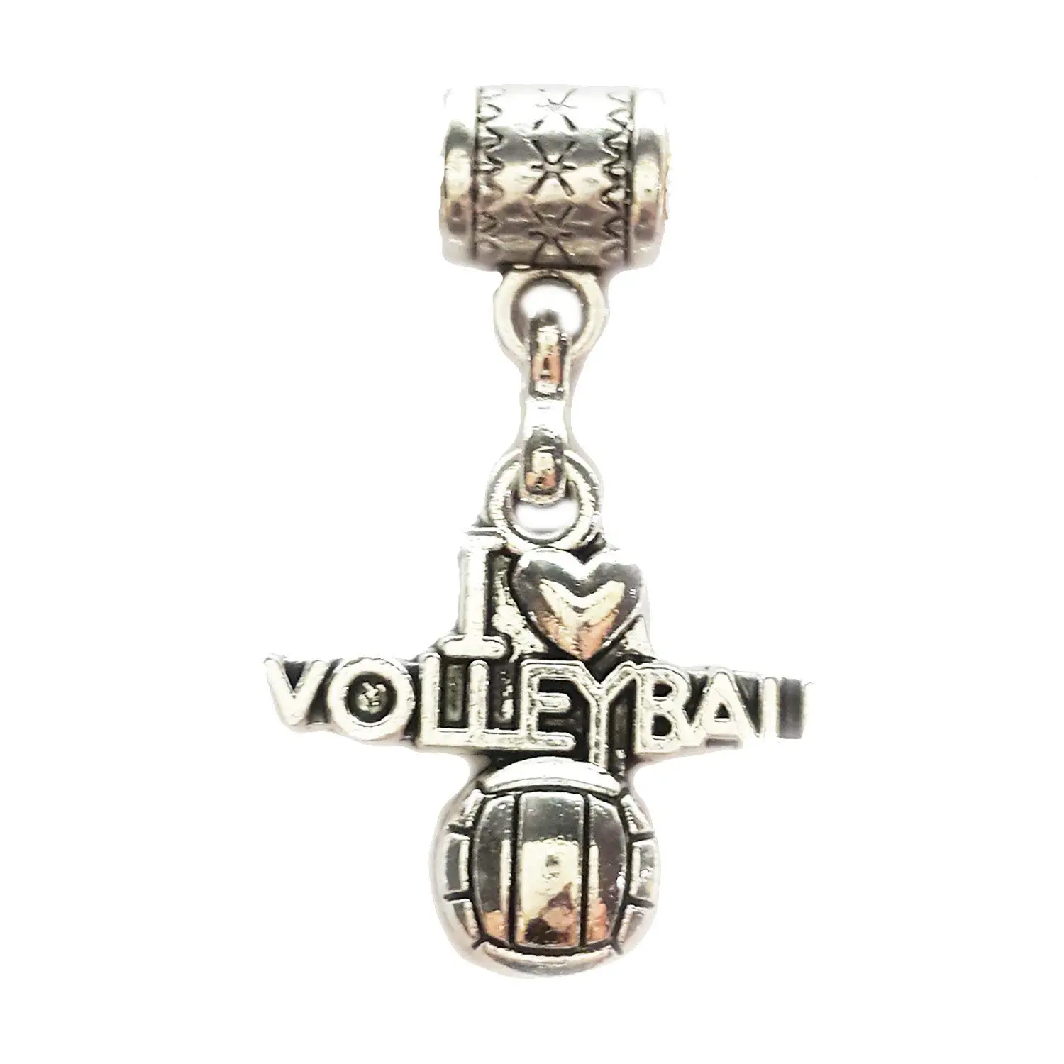 "I Love Volleyball charm" is a Tibetan Silver Hanging charm by Mossy Cabin for large hole snake chain charm bracelets, or add to key chains, pendant necklaces or neck chains