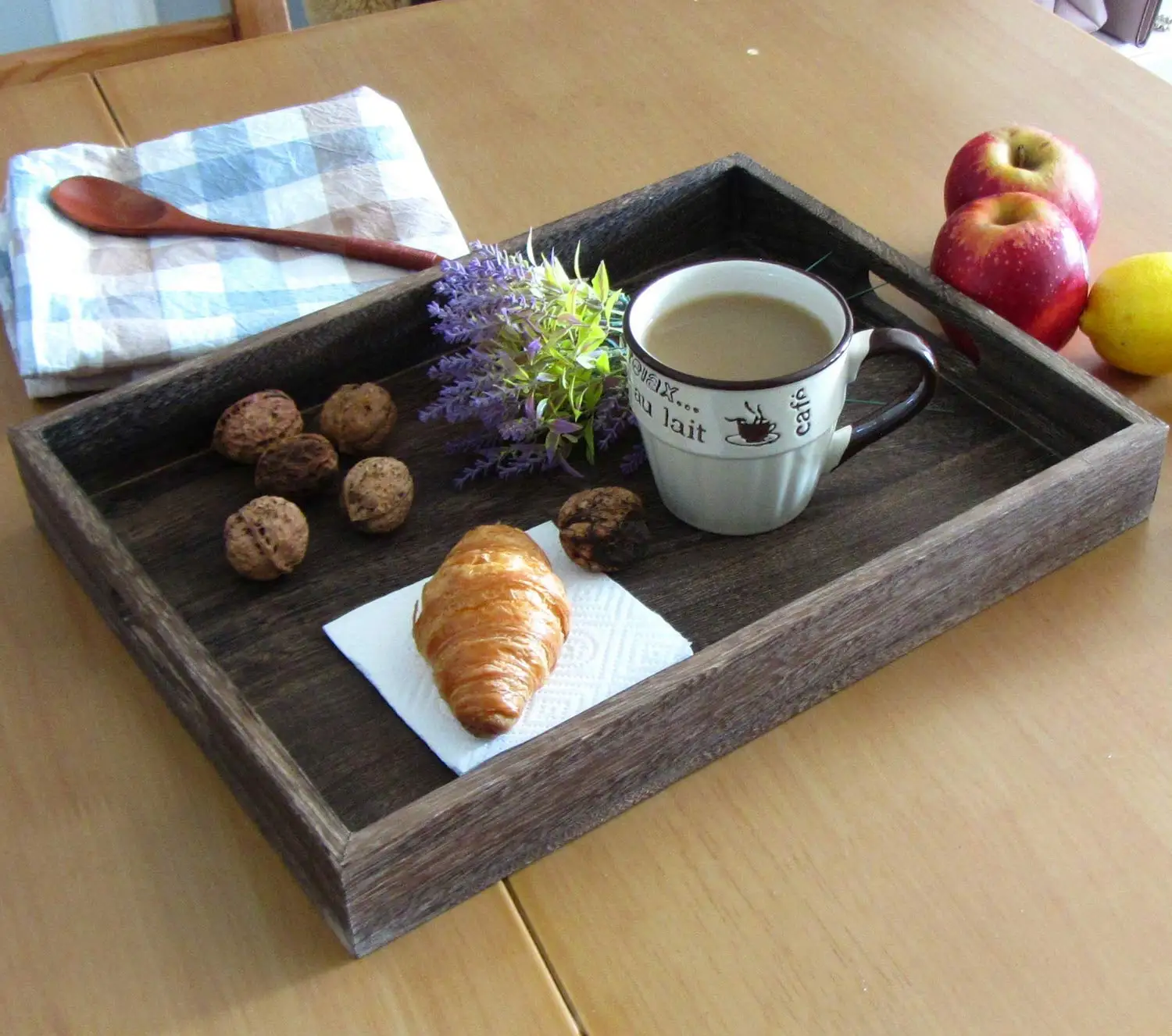 Handmade Rustic Torched Wood Country Nesting Breakfast Large Wooden