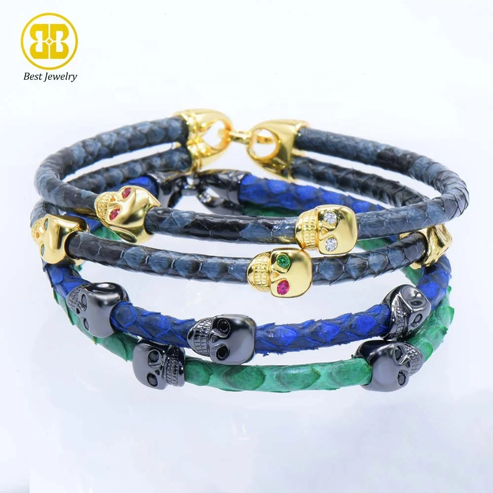 

Best Jewelry 316L Stainless Steel Custom Cuff Wrap Multi NorthSkull Bead Double Genuine Stingray Python Leather Bracelet Jewelry