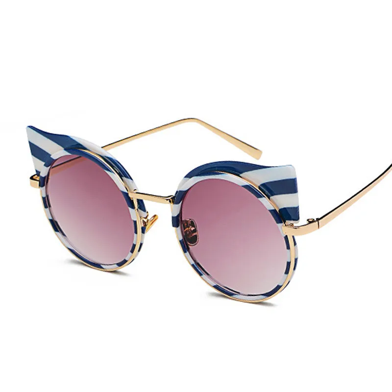 

HBK New Stripe Cat eye Sunglass 2019 Fashion Round Brands Designer Sunglasses Women Zebra Metal Frame Vintage Oculos De Sol