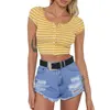 Teen Girls Blouse Short Sleeves Round Neck Striped Bodycon Stretch Cotton Single-breasted Crop Top Sexy