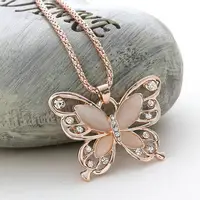 

Hot selling long chain opal rose gold butterfly pendant necklace