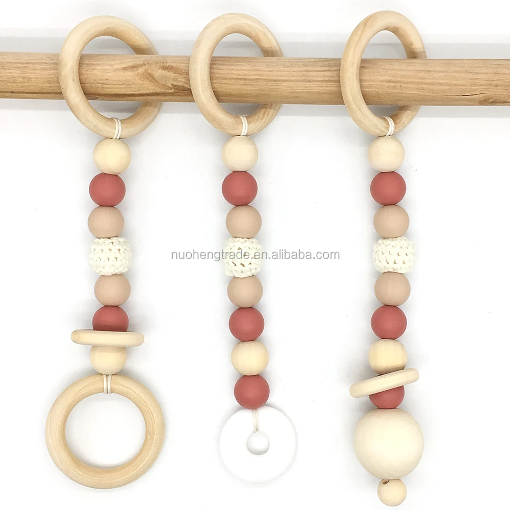 

Silicone Teether Pendant Wood Beads Stroller Wooden Ring Wooden Baby Play Gyms Teething Toys