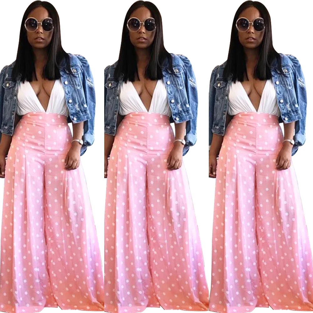 women fashion pink polka dot wide leg pants WA8765