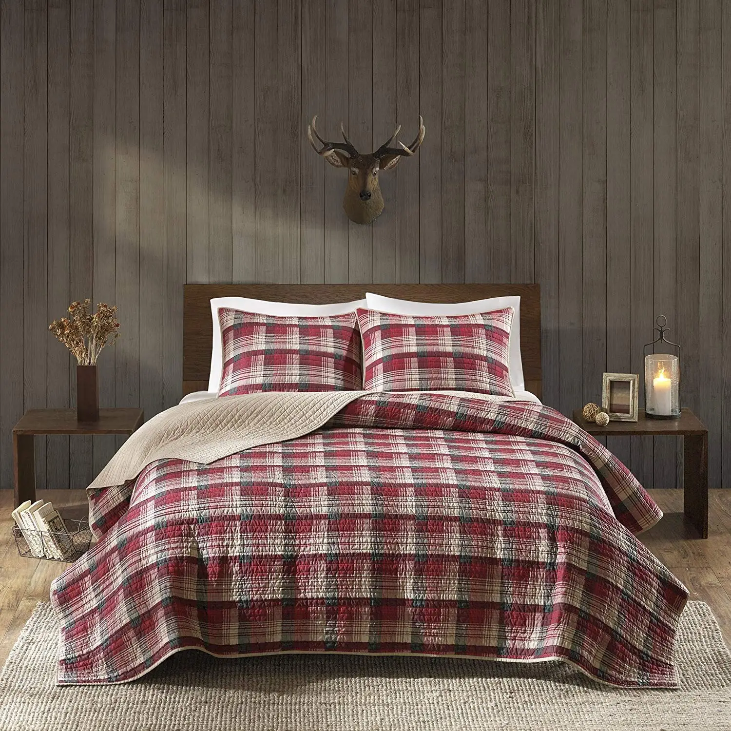 D&H 3 Piece Black Tan Red Plaid Quilt King/Cal King Set, Tartan Checked Pattern Bedding Cabin Lodge Themed Madras Checkered Squares Southwest Western Patchwork Reverse Solid Color, Cotton