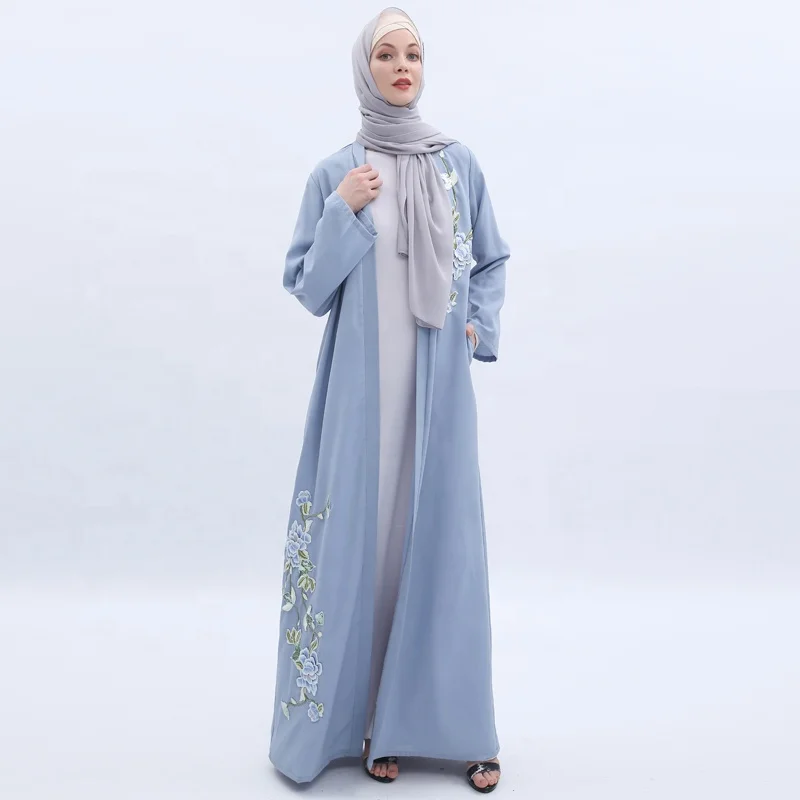 

2019 Yoiyaa Middle East Sequin and Applique Flower Muslim Dress Cardigan Arabic Women Kimono Embroidery Dubai Open Abaya, Black / light blue / light khaki/ violet pink/mint green