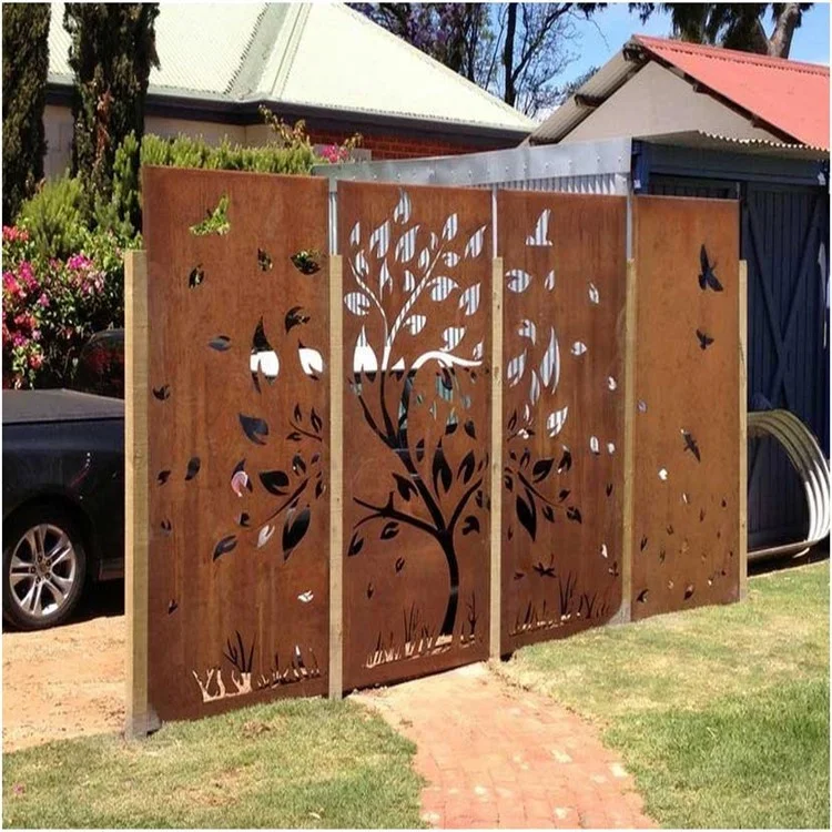 Corten rusted steel decorative garden screens with support frames ...