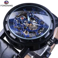 

Dropshipping FORSINING Black Leather Band Blue Skeleton Dial Man Charm Business Automatic Wristwatch Homme Montre