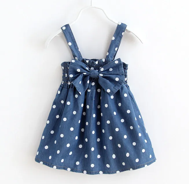 

2018 Girl denim dress cotton dots printing sundress kids summer clothing