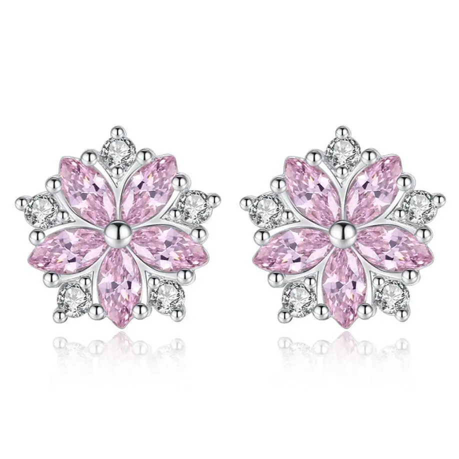 

925 Sterling Silver Plated Flower Pink Cubic Zirconia Screw Girl Earrings, White,pink