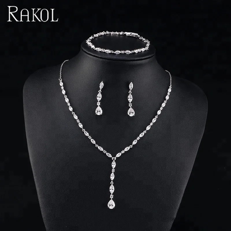 

RAKOL S412 simple style beautiful leaf&teardrop zircon dangle long earrings necklace bracelet set S412, As picture