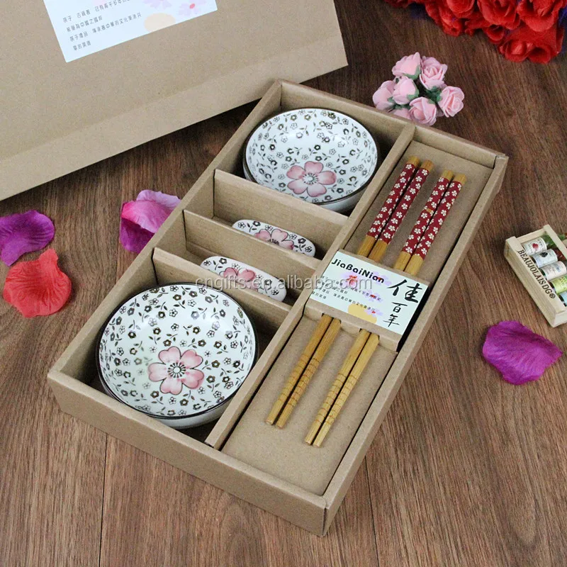 

Ywbeyond ceramic tableware 6PCS sets Japanese style Cherry chopsticks dishes and chopsticks holder party door gift