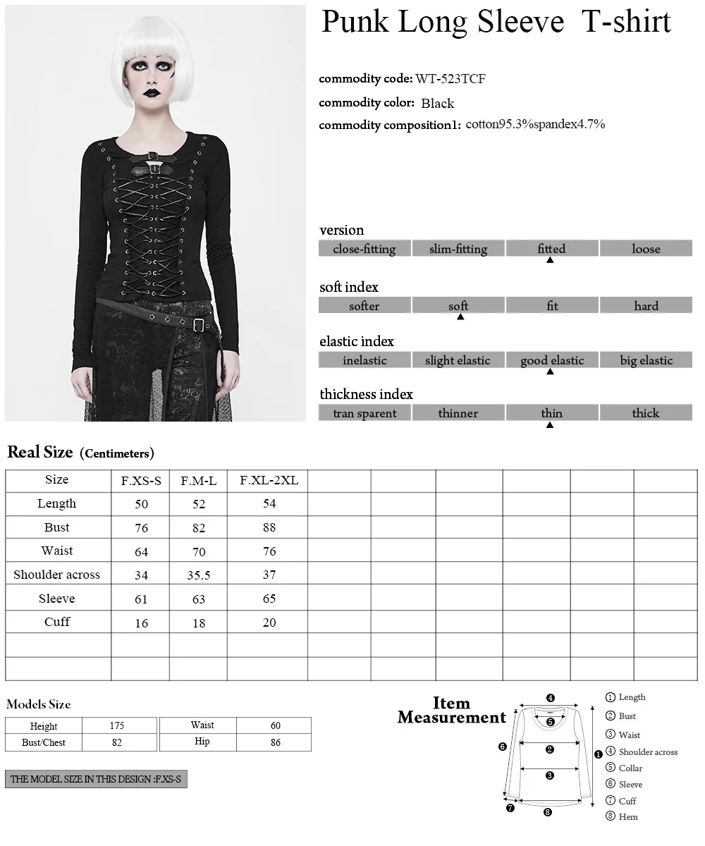 WT-523 Punk biker long sleeve shirts bandage women t-shirt