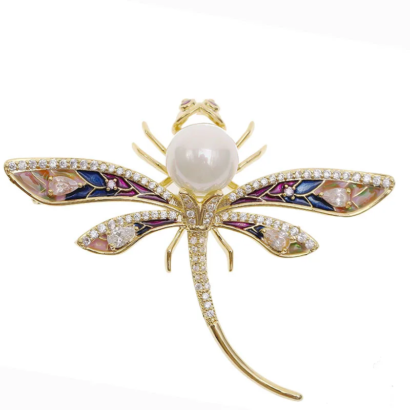 

pearl dragonfly brooch cute animal brooch, White gold, gold