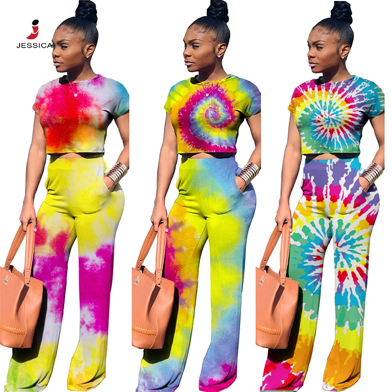 New Style Colorful Tie Dye Crop Top and Wide Leg Pants Two Piece Set Women Clothing