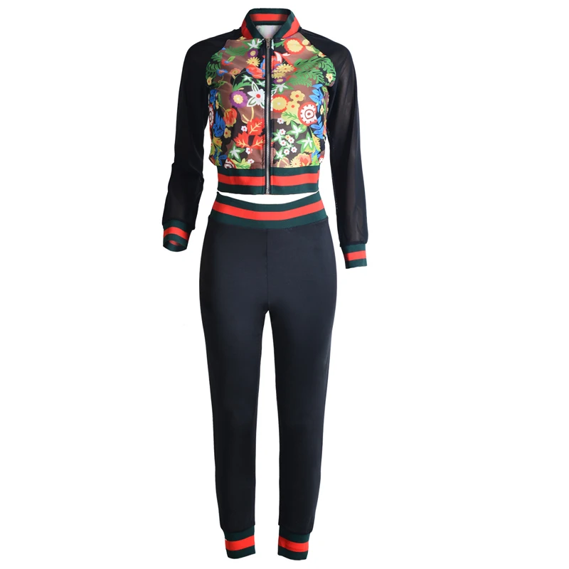 

2017 Europe And The United States Long Sleeve Grenadine Printing Two Piece Sport wear, Black