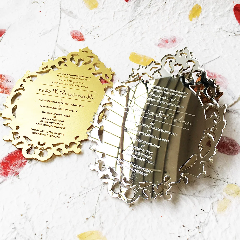 Vintage 5x7inch Engraved Hollow Silver Mirror Acrylic Wedding