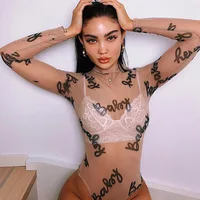 

Women Sheer Mesh Print Jumpsuit Long Sleeves Bodysuit
