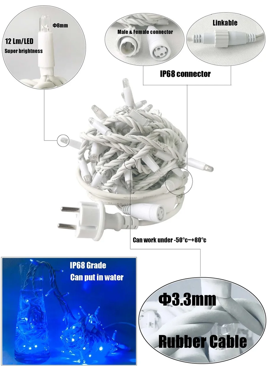 10m 100leds Rubber Cable String Light Led Night Decorative Lights Ip68