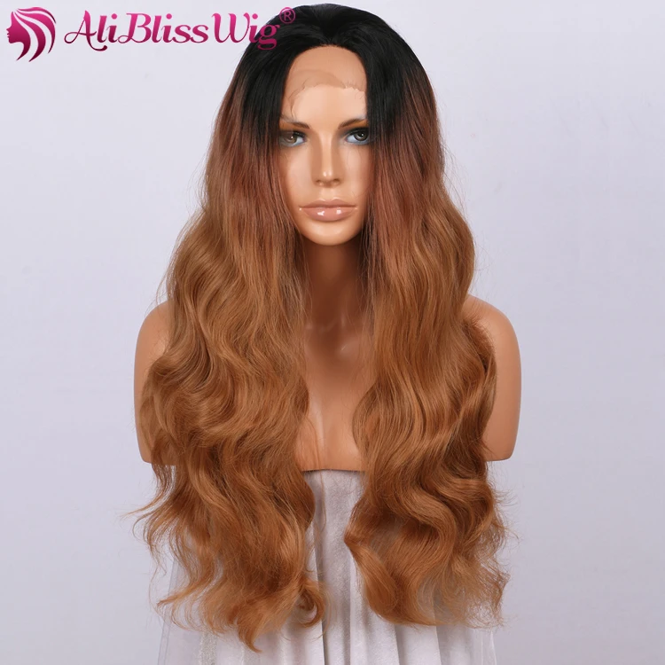 

New 24 Long Natural Body Wave Heat Resistant Fiber Hair Free Parting Dark Roots Two Tone Ombre Brown Lace Front Synthetic Wig