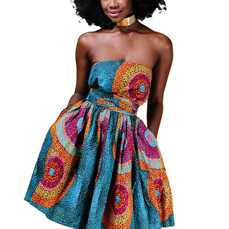 

Feelingirl Manufacturer African Kitenge Designs Sleeveless Pleated Women Sexy Print Dress