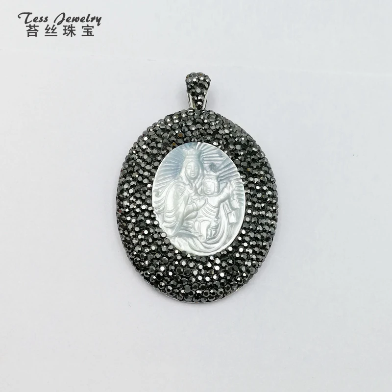 

Fashion diamond pave pendant rhinestone oval shape jewelry natural carved pearl shell charm pendants, Natural carved pearl shell jewelry