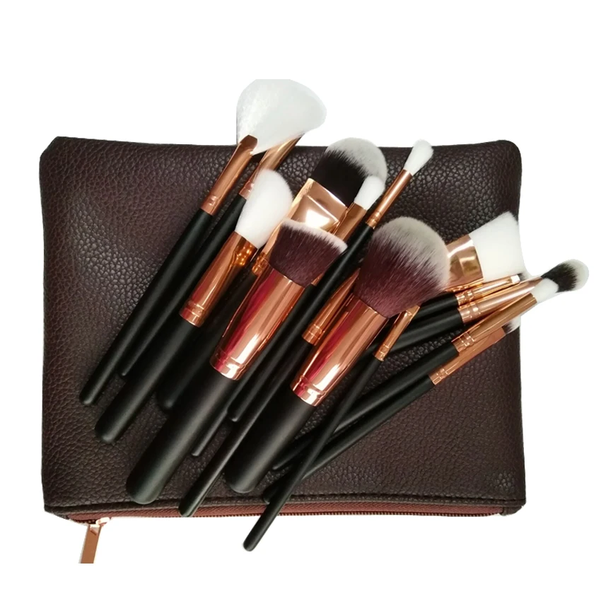 

Free shipping Stock No Logo High end 15pcs black rose gold cosmetic tools match Zipper bag