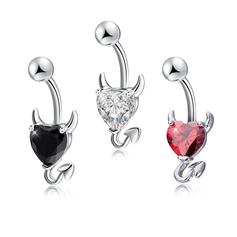 

316L Stainless Steel Devil Belly Button Ring Heart Shape CZ Zircon Navel Piercing Body Piercing Jewelry, Color as shown;accept custom color