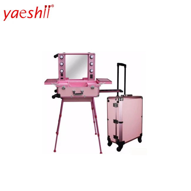 

Yaeshii professnional aluminum rolling trolley makeup artist case with adjustable stand legs 6 bulbs lighted mirror, Pink