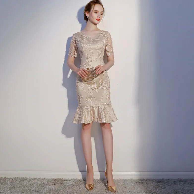 

Women's Fitted Dress Knee Length Elegant Champagne Evening Dress Embroidered Short Part Dresses