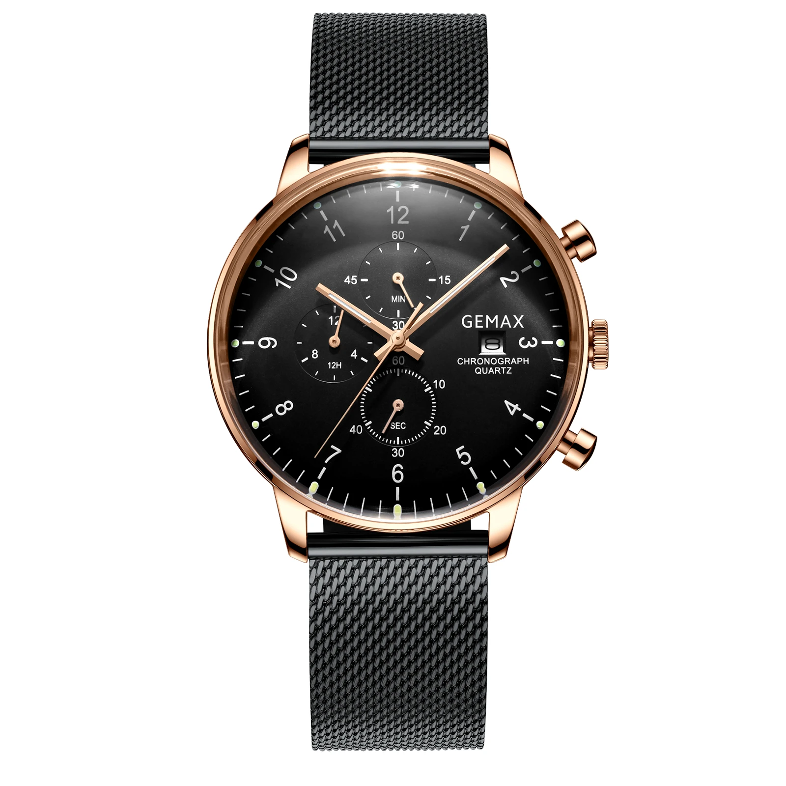 

2019 hot selling Gemax stainless steel mesh band Japan chronograph black color high quality watch, N/a