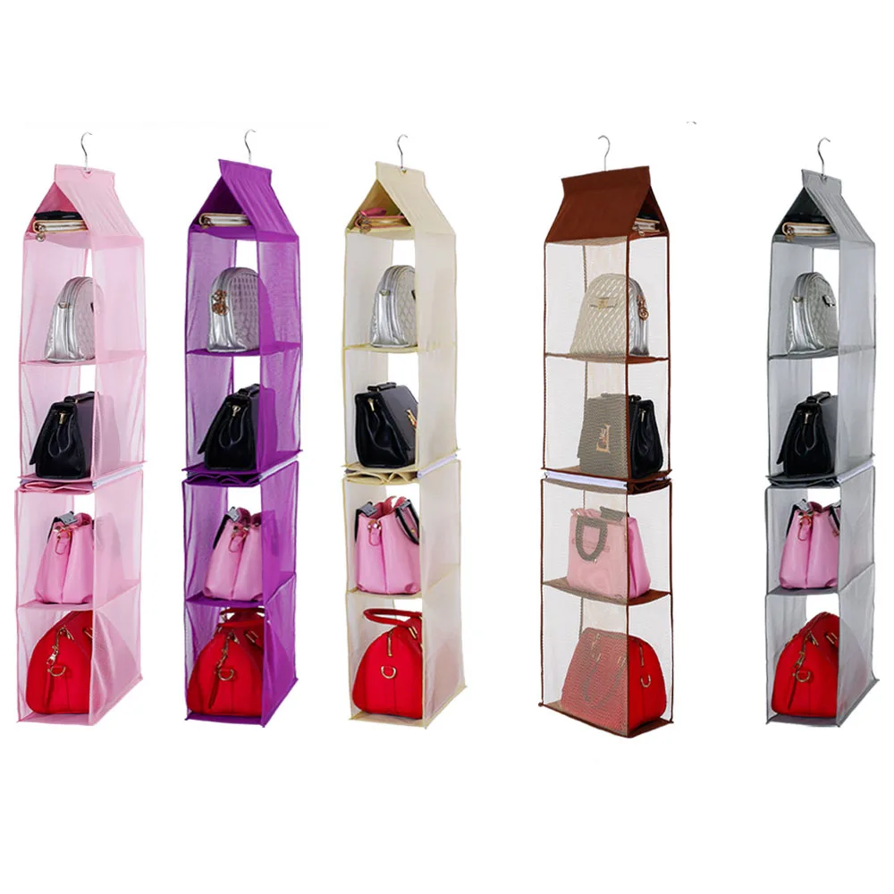 

4 Pockets Hanging Purse Organizer Handbag Non-woven Clothes Storage Bag box/4 Layers wardrobe space saving closet organizer, Optional