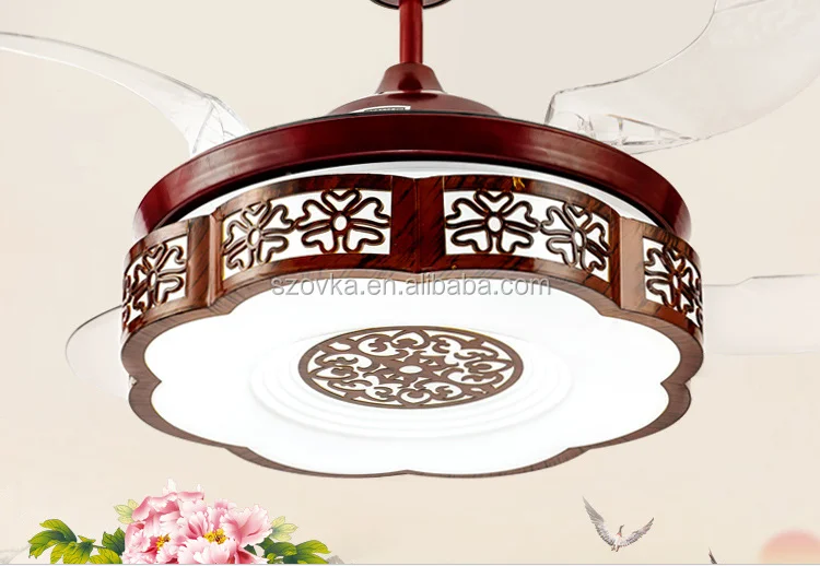 Chinese retro style living room decorative invisible elegant wooden ceiling fan lights
