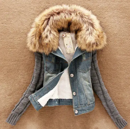 

clothes women winter Lamb Fur Collar Slim Short Jean Jacket Women Coat, N/a