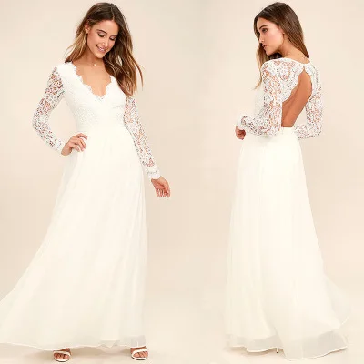 

Sexy Ladies Prom Ball Cocktail Formal Gown lace chiffon cheap elegant long sleeve women evening dress long party dress, White long sleeve evening dress