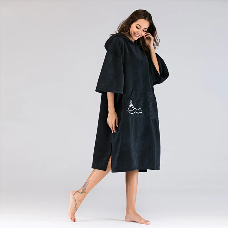 
Wholesale Custom Microfiber Polyester Adult Black Hooded Change Surf Poncho Beach Towel Hoodie Cloak Towel 