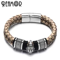 

REAMOR Men Charm Lucky 316l Stainless Steel Thailand Buddha Head Bracelet For Men Genuine Leather Jewelry