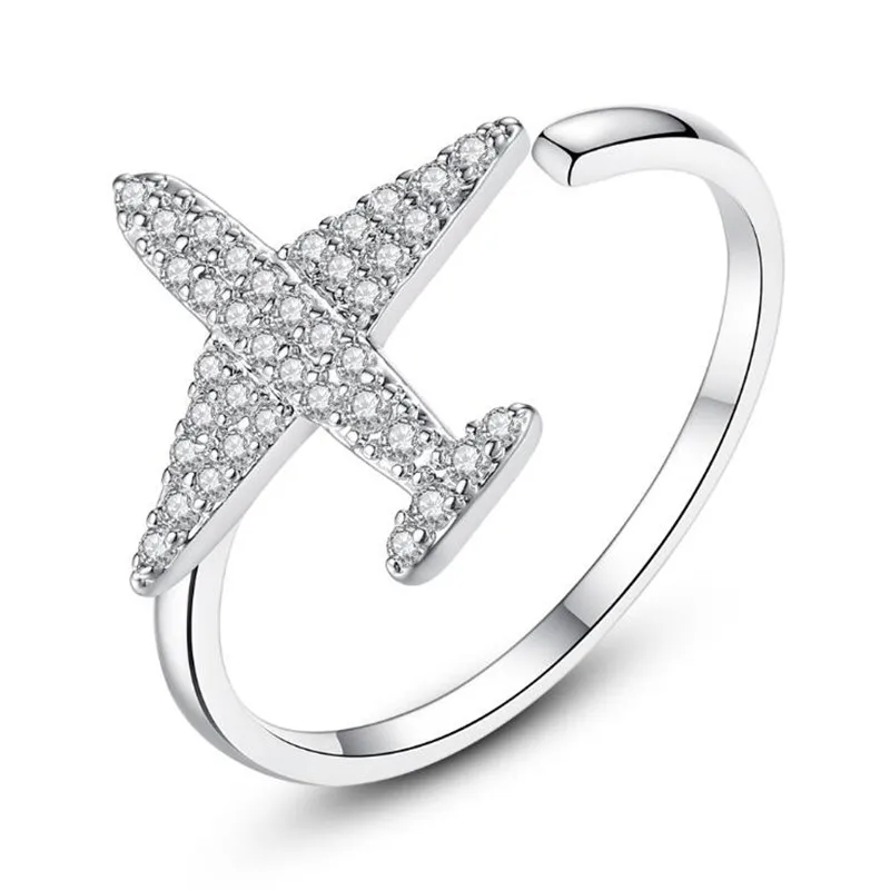 

Fashion silver ring full zircon Aircraft model adjustable ring, N/a