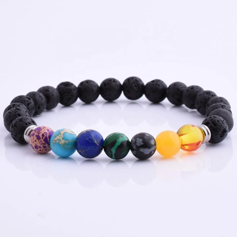 

High Quality Fashion Men Bulk 7 Chakra Lava Stone Elastic Beaded Bracelet