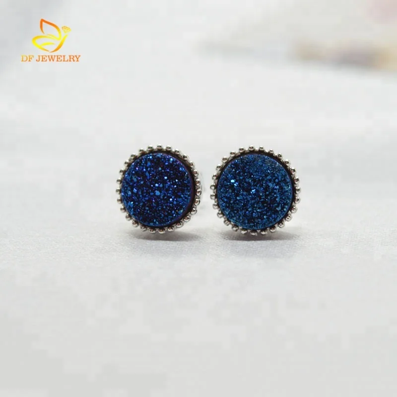 

High Quality Blue Natural Agate Drusy Silver Stud Earring For Women